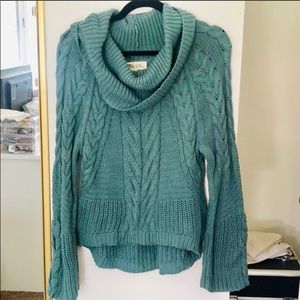 Turquoise cable knit cowl neck sweater